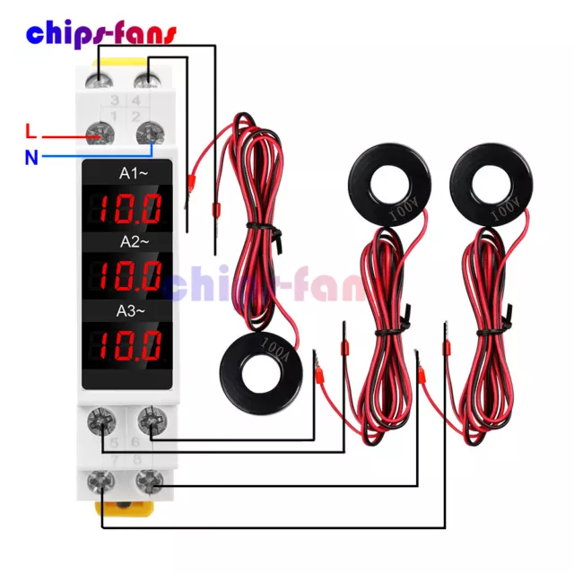 AC 80-500V 1-100A DIN-Rail Three-Phase AC Ammeter Digital Display Current Meter