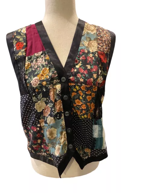 Vintage 90s Silk Vest Womens Patchwork Floral Medium Large  Cottagecore boho