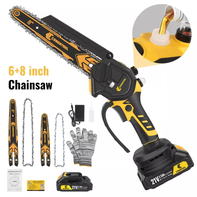 Cordless Chainsaw 6+8" Electric One-Hand Saw Wood Cutter 2.5Ah Battery Li-Ion UK