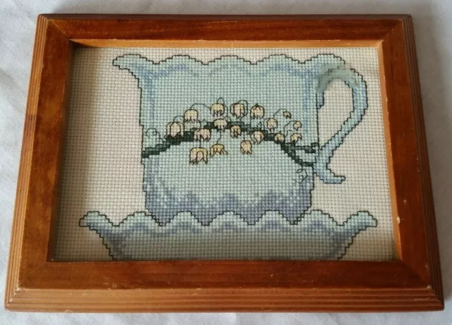 Completed Cross Stitch Needlepoint Framed Blue Pitcher with Lily of the Valley