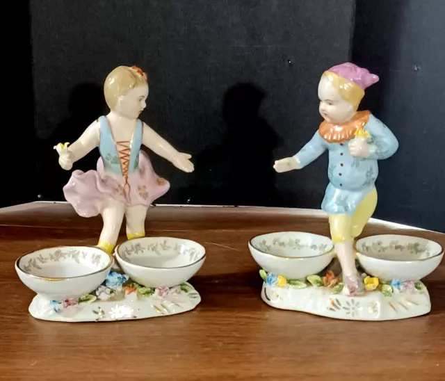 Antique Meissen Style Salt & Pepper Porcelain Figurine Couple, 5.5" high.