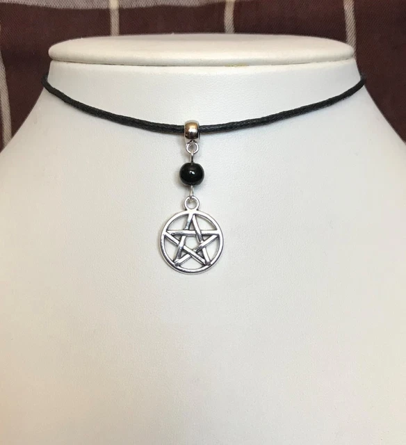 GOTHIC PENTAGRAM PENDANT and Black Bead Cord Choker Necklace Wicca