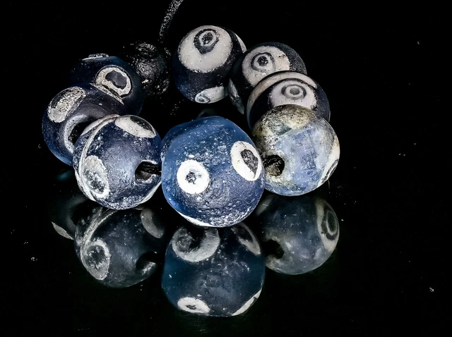 A Short Strand of Ancient Excavated Blue Glass Evil Eye Beads CRBM 10296