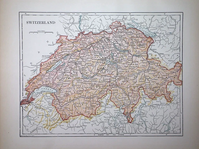Old 1896 Historical Atlas Map ~ SWITZERLAND ~(11x14) ~Free S&H -#924