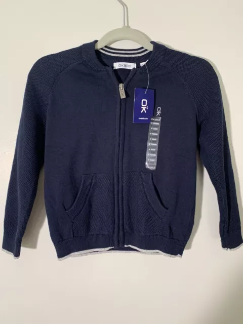 NWT Okaidi Boys Size 4 (104cm) Sweater Full Zip Navy Blue 100% Cotton