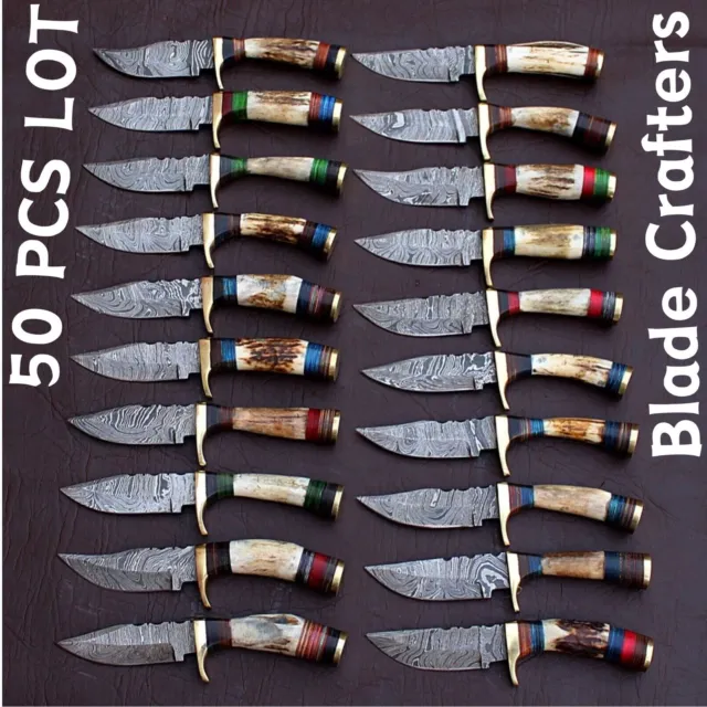 100 Pcs Lot Hand Forged Damascus Blade Camping Skinner Hunting Knives -