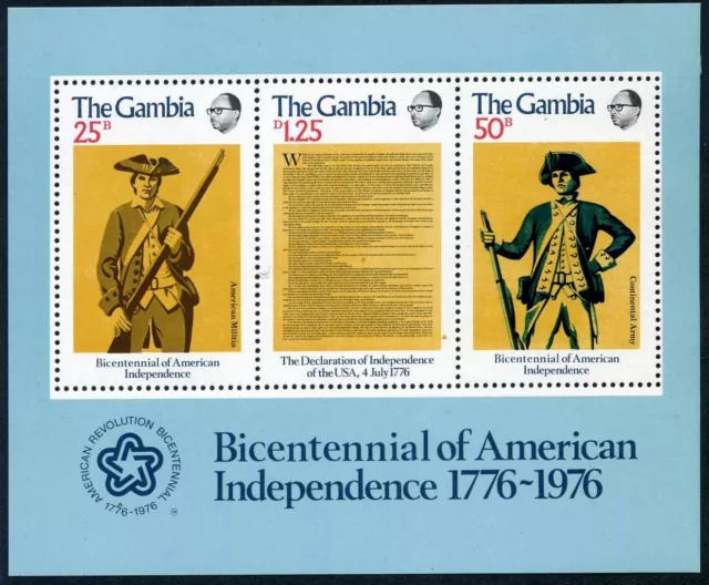 Gambia 337a sheet,MNH.Michel Bl.1 American Bicentennial,1976.Uniforms:Militiaman