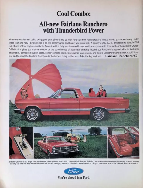 Print Ad 1967 Red Ford Fairlane Ranchero 500 XL/500 Parachute Helicopter