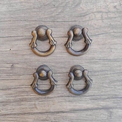 4pcs Vtg cast iron bronze paint ring pull drop cabinet drawer door knobs handles