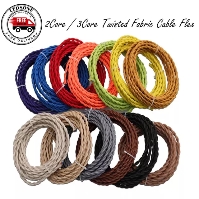 2/ 3 Core Twisted Vintage Style Coloured TWIST Braided Fabric Cable Lamp Flex UK