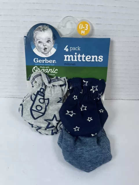 Gerber Baby Boy 3-Pack Organic Cotton Navy Rocket/Stars Mittens Size 0-3M