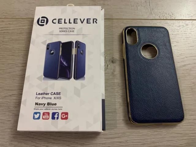Cellever Protection Slim Back Case Soft Vegan Leather Blue Gold for iPhone X XS