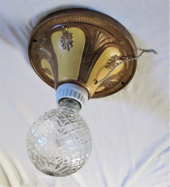 Vtg Deco Polichrome Metal Flush Mount Chandelier Ceiling Fixture 1930'S