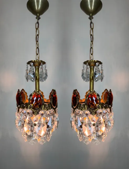 Pair Of Antique / Vintage Brass & Crystal Chandelier Ceiling Lamp Lighting 1960s