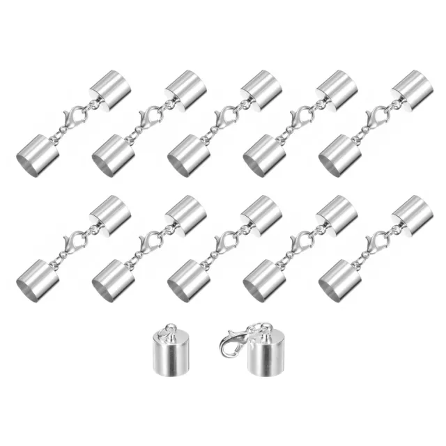 10Sets 10mm Leather Cord End Caps with Lobster Claw Clasps, Silver Tone