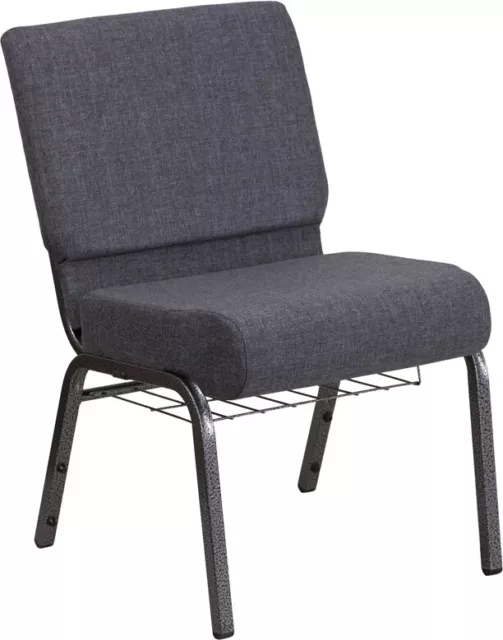 21'' Wide Dark Gray Fabric Church Chair with Book Rack and Silver Vein Frame