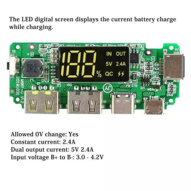 LED Dual USB 5V 2.4A Micro/Type-C USB Mobile Power Bank 18650 Charging Module 2