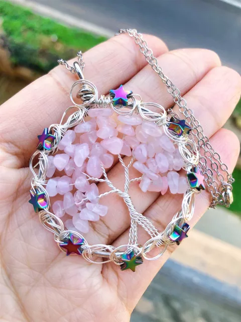 Rose Quartz Gem Tree Of Life Water-Drop Necklace Chakra Reiki Healing Amulet