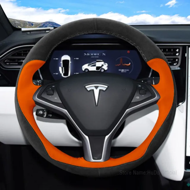 DIY Car Steering Wheel Cover For Tesla Model X S Black Suede Orange Leather