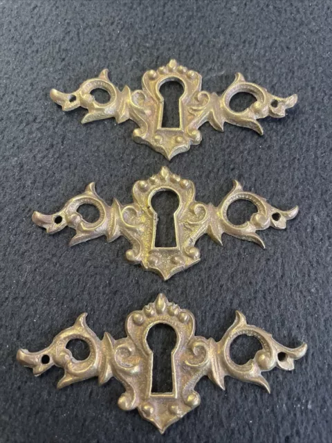 3 Antique Ornate Skeleton Key Keyhole Door Lock Plate Brass