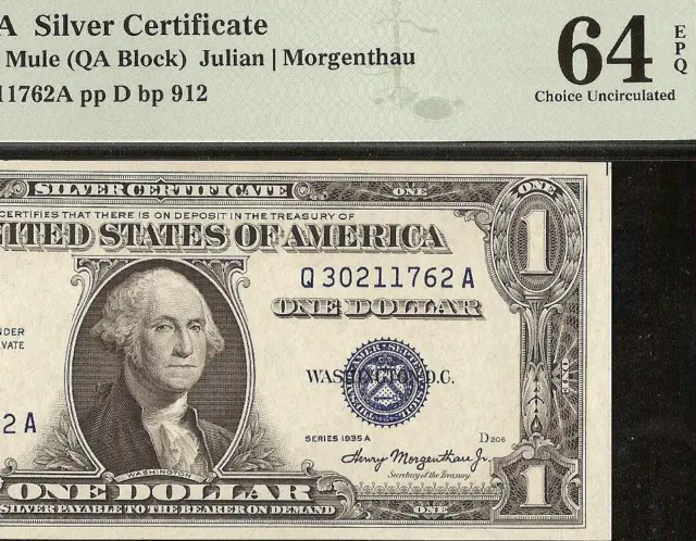 1935A $1 DOLLAR BILL MULE SILVER CERTIFICATE NOTE MONEY Fr 1608m PMG 64 EPQ