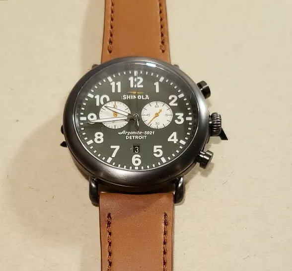 Shinola Runwell Chrono With 47mm Camouflage Green Face & Brown Leather Band