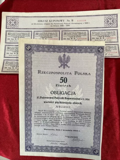 The Republic of Poland A 5% State Conversion Loan bond from 1924 valued at 50 ZL