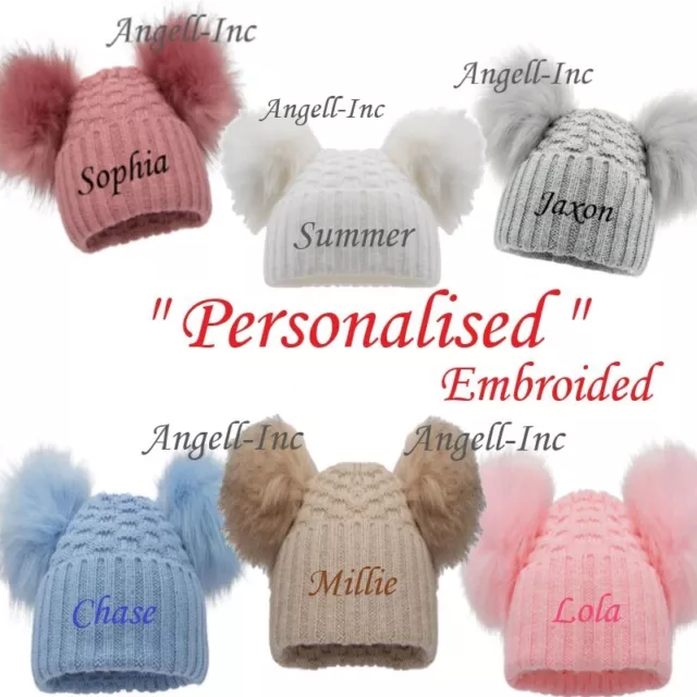 PERSONALISED BABY FUR POM POM HAT KNITTED WINTER WHITE PINK BLUE GREY GIFT 0-12m