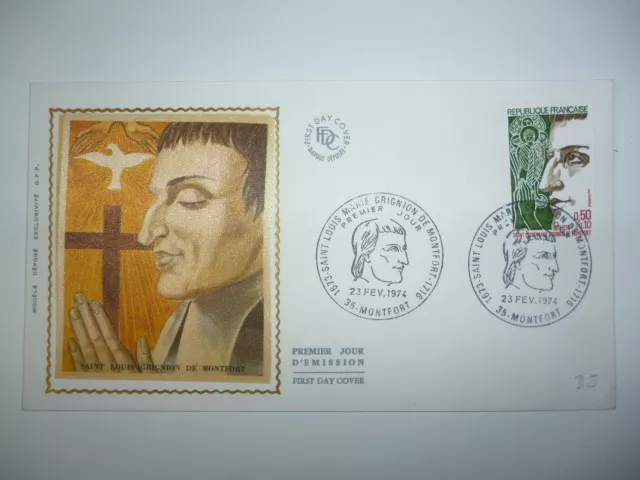 ENVELOPPE 1er JOUR FDC SOIE 1974  GRIGNON DE MONTFORT  OBLIT PJ MONTFORT