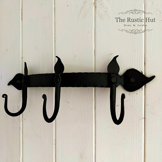 Rustic Hand Forged Iron 3 Hook Rack Leaf Design, Kitchen Utensils, Coat Hooks