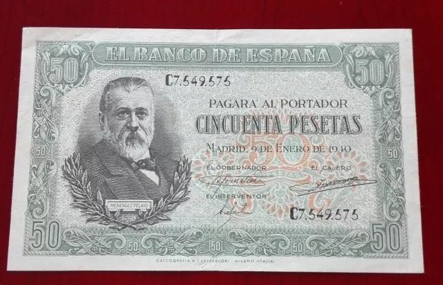 Feliciano España. Billete de 50 pesetas año 1940 M.B.E. Mendez Pelayo. Leer nota