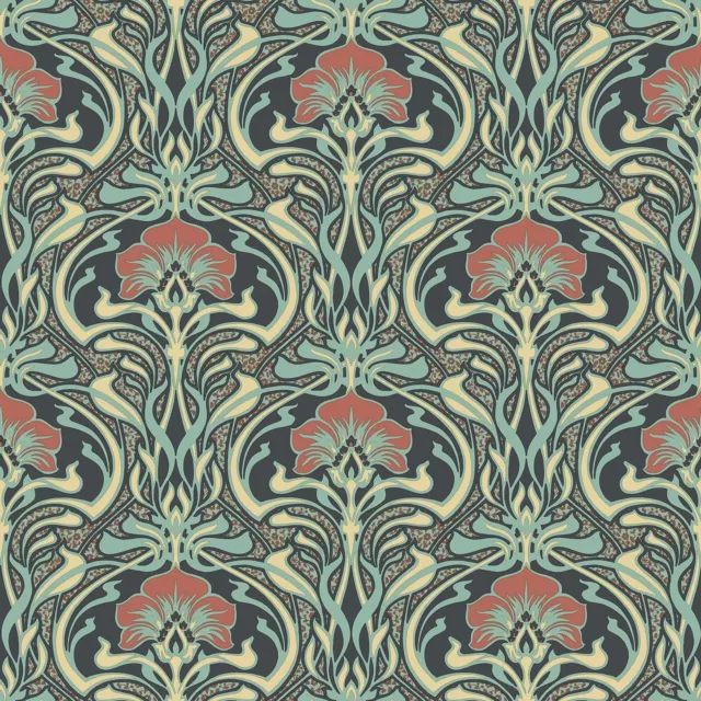 Crown Flora Nouveau Wallpaper Peacock Green - M1196 Retro Vintage Floral Design