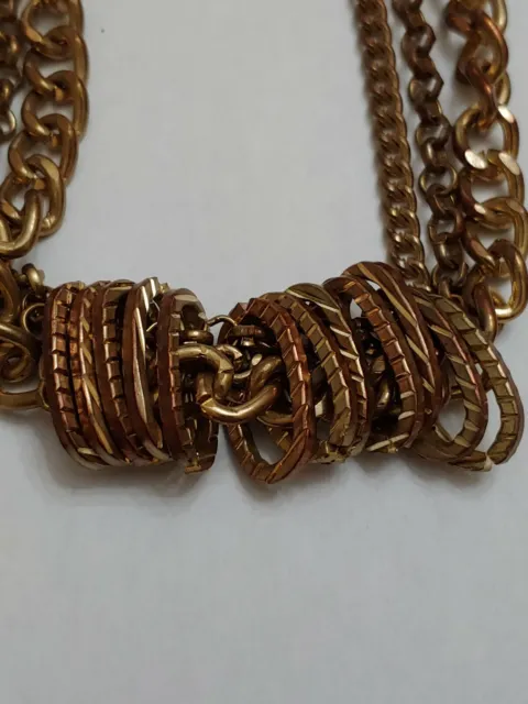 Bronze Triple Chain Necklace Statement Heavy Pendant Rings Adjustable