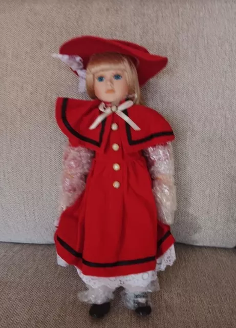 Heritage Collection Porcelain Doll "Terri" Blonde Blue Eyes Red Coat Vintage 