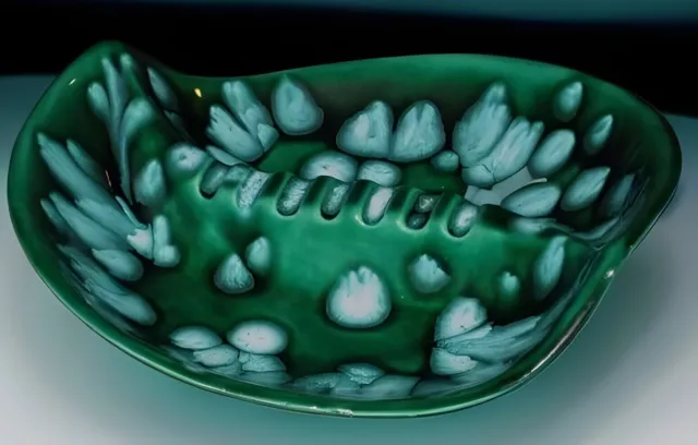 Vintage-ART POTTERY Glossy Glaze AQUA & GREEN SPATTERED ASH TRAY 7 Slots 1981