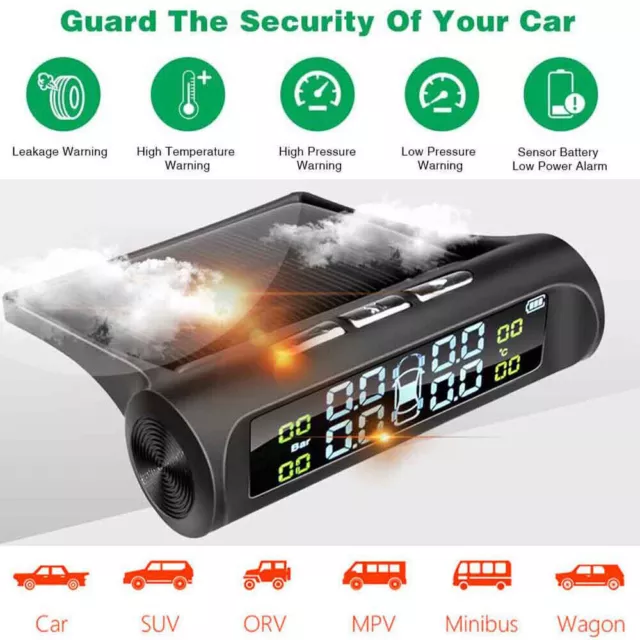 Wireless Solar TPMS LCD Car Tire Pressure Monitoring System 4 External Sensors