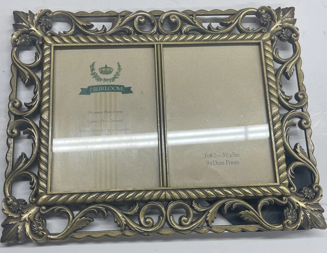 Vintage Ornate Heirloom Brass Metal Double Picture Frame for Two 31/2"" x 5"