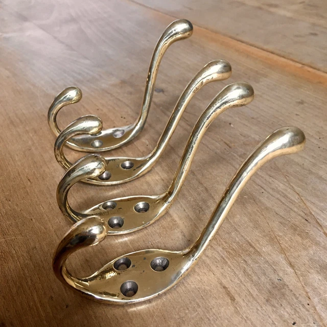 Set Of 4 Antique Brass Double Coat Hooks Victorian Vintage Reclaimed Old 4