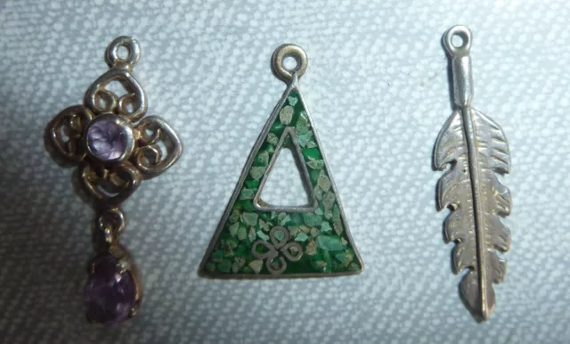 3 lovely old solid Silver Pendant fobs, feather green triangle droplet stone