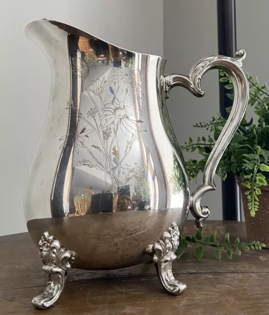 VINTAGE Oneida Silverplate Water PITCHER Ice Lipped Floral Etched Footed