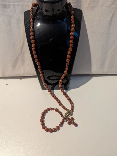 Goldstone Roseary Bead Necklace Hand Made