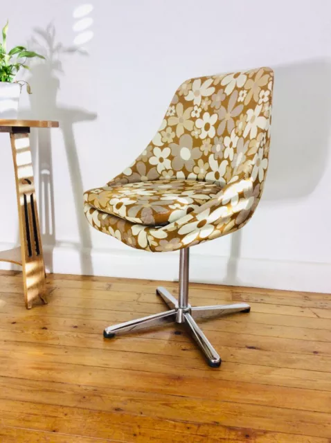 Mid Century Swivel Chair with Retro Floral Upholstery / Small Egg Desk Chair