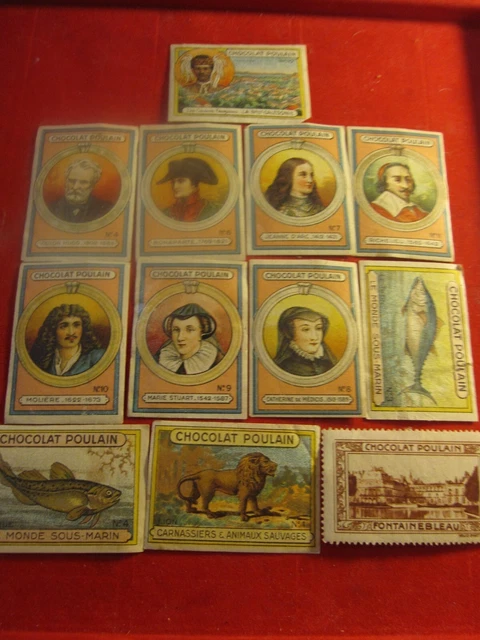Lot de 12 vignettes anciennes vintage Chocolat Poulain pub