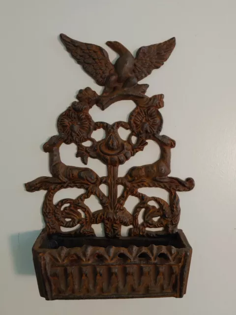 Vintage Ornate Cast Iron Letter/ Match Holder With Eagle On top Deer Flower/Vine