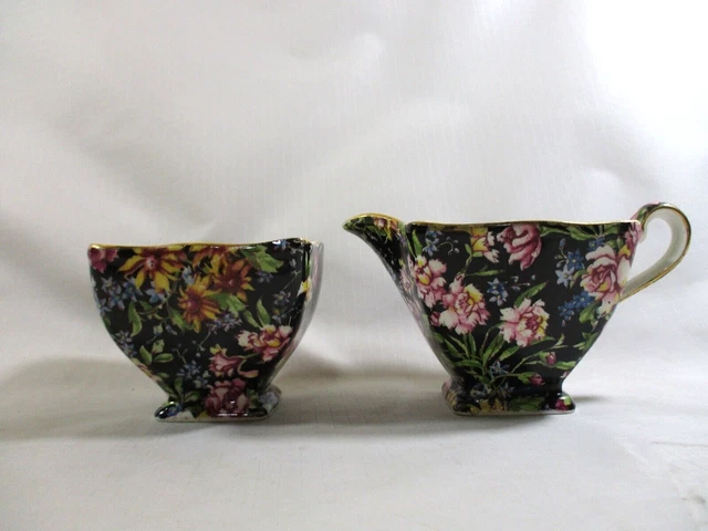 Vtg. Royal Winton Grimwades Nantwich Black Chintz Sugar/Creamer Bowls