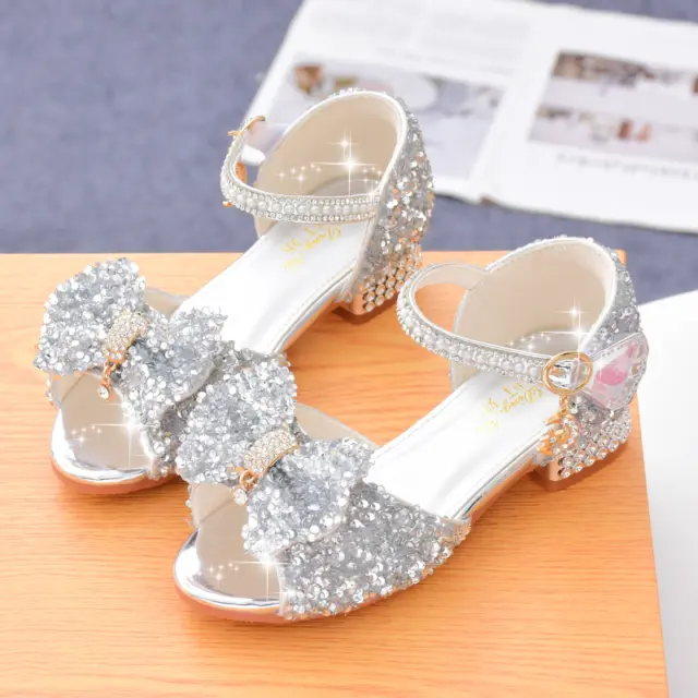 Kid Girl Sandal Shoes Glitter Rhinestone Bow Low Heel Stage Dance Wedding Party