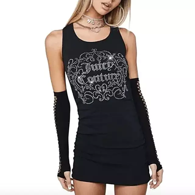 Juicy Couture Black Tank Top Sleeveless Dress Women Medium Ruched Embellished