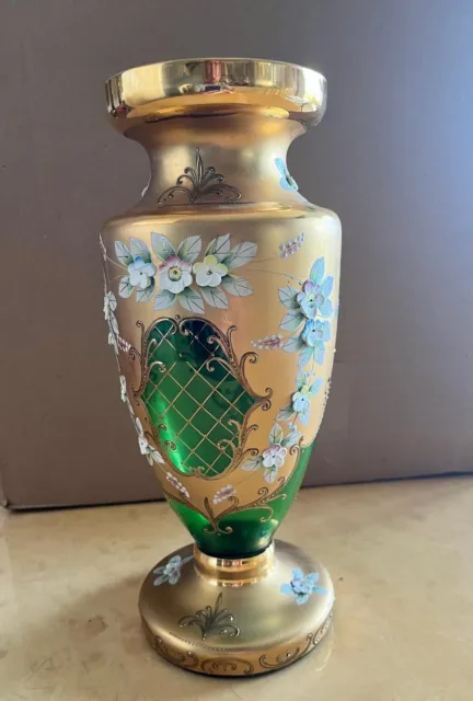 Czechoslovakia Bohemian Vase Egermann 24K Gold with Enamel Flowers 12" Tall