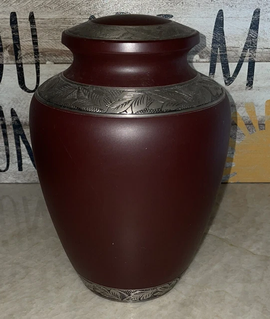 Burgundy￼ and Silver Etched Adult Cremation Urn for human ashes
