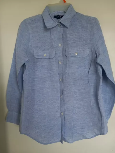 WOMEN'S  CHAPS Linen Cotton Blend Chambry Blue Long Sleeve Shirt Top  Sz M